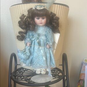 Porcelain Fashion Doll in Light Blue Lace Dress